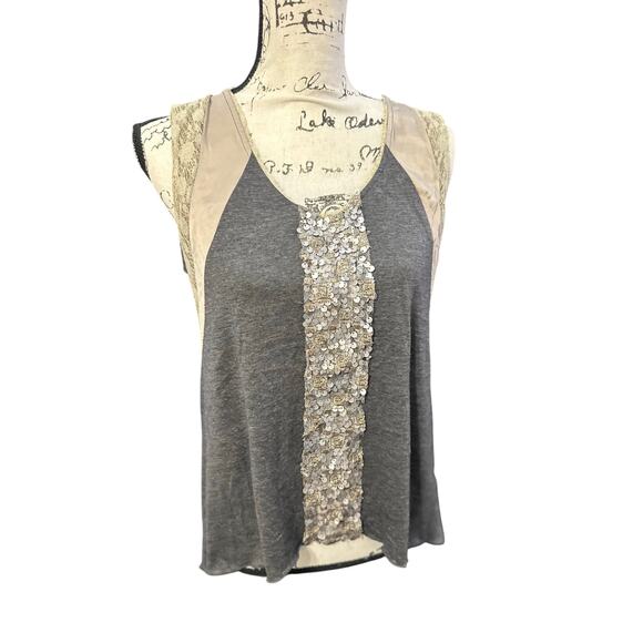 Tiny Sequin & Lace Mixed Media Tank Top Gray Beige – Size M - Picture 1 of 8